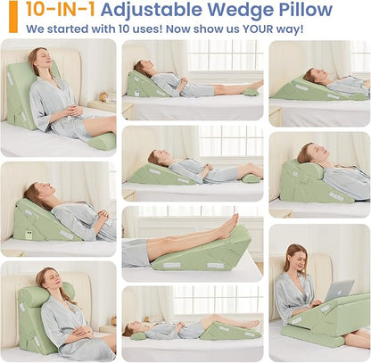 Sasttie Wedge Pillow Set for After Surgery, 3PCS Adjustable Bed Wedge Pillow Headboard with Memory Foam Neck Cushion – for Acid Reflux, Sleeping, Neck & Back Support, Sage