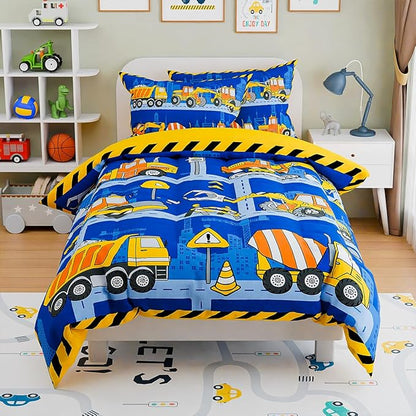 SANDJEST Construction Bedding Sets for Boys, Ultra Soft Microfiber Comforter Bed Set with 3-Pieces, Comforters Sets for Kids Children Boy Bedroom Decor