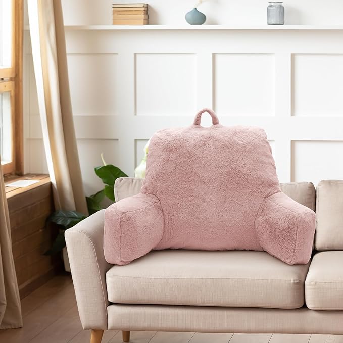 Reading Pillow Large Bed Pillow,Backrest Pillow with Arms, Back Support for Sitting Up in Bed, Couch for Lounging Bedrest,Pink