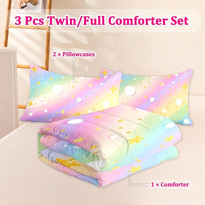 3 Pcs Twin Bedding Sets for Girls, Pink Glitter Rainbow Twin Size Bed Set, Stars Galaxy Bedding Comforter Set for Girls