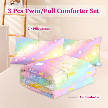 3 Pcs Twin Bedding Sets for Girls, Pink Glitter Rainbow Twin Size Bed Set, Stars Galaxy Bedding Comforter Set for Girls