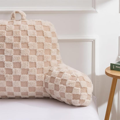 Aimuan Reading Pillow Checkered Bed Rest Wedge Backrest Checkerboard Pillow with Arms Back Support for Sitting Up in Bed Cushion Incline Rest Sleeping Snoring Pillow (Beige,Large)