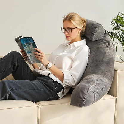 VEVOR Reading Pillow, Extra Large Bed Pillow for Sitting Up with Removable Headrest &3 Pockets, Back Pillow for Bed with Shredded Memory Foam, Pillow with Arms for Reading, Gaming, Resting, Grey