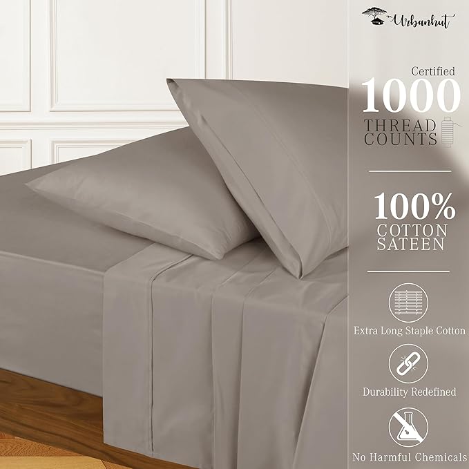 URBANHUT 1000 Thread Count Egyptian Cotton Sheets Queen Size, Long Staple Soft & Breathable, 4 Pc Bed Sheet Sets, Luxury Hotel Sateen Sheets Fits 16" Deep Pocket - Dark Grey