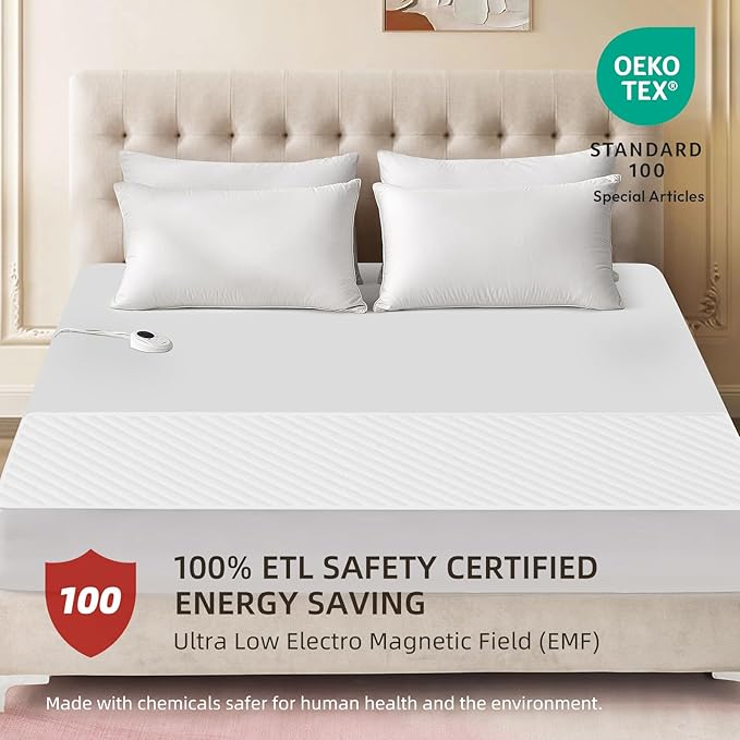 Bwarm Waterproof Heated Mattress Pad, ETL Certified Bed Warmer with 9 Heat Settings, 1-12 Hours Auto Off Deep Pocket, Machine Washable, White Foot Queen