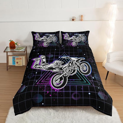 HOSIMA Motorcycle Racer Comforter Extreme Sports Theme Bedding Set for Kids Teens Men, Queen Size, Purple Line Grid Black Comforter with 2 Pillowcases