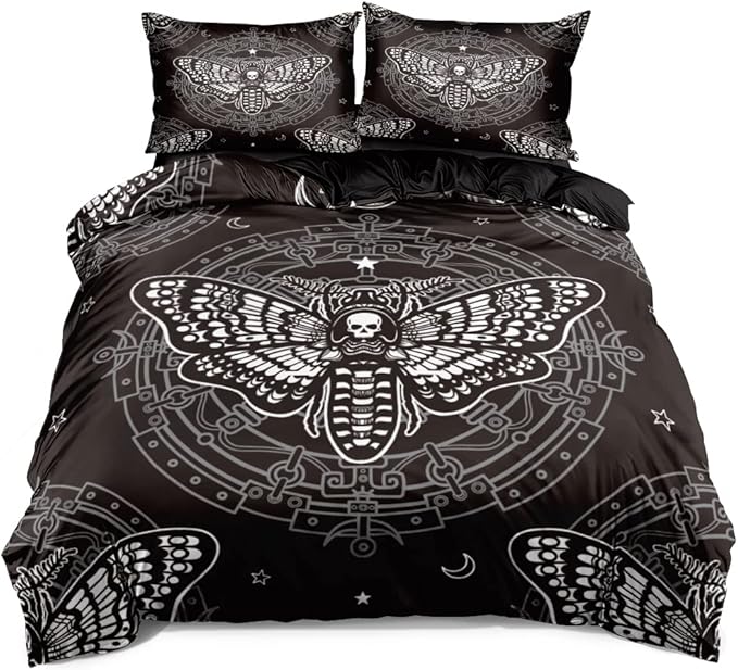 Skull Print Duvet Cover Set - King Size Gothic Skull Comforters and Edgy Skeleton Bedding - Dark Bedroom Decor