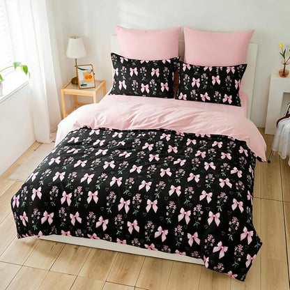 Queen Duvet Cover 3Pcs Black Pink Bow Bedding Set for Girls Kids, Cute Floral Bowknot Design, Super Soft 100% Microfiber Comforter Cover (2 Pillowcases, No Comforter)