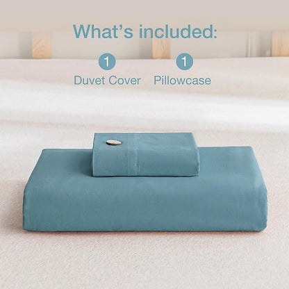 JELLYMONI Cotton Duvet Cover Twin Size - Grayish Blue Comforter Cover with Button 100% Washed Cotton 2PCS Breathable Soft Solid Bedding Set Duvet Cover 68×90in & 1 Pillowcase (NO Comforter)