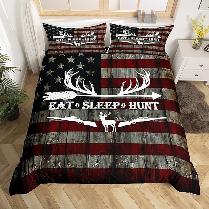 Eat Sleep Hunt Duvet Cover Set King Size,Deer Antler and Arrow Print Comforter Cover with 2 Pillowcases,3 Piece,Retro Stars Stripes American Flag Bedding Set for Adult Young Bedroom Xmas Gift