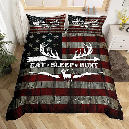 Eat Sleep Hunt Duvet Cover Set King Size,Deer Antler and Arrow Print Comforter Cover with 2 Pillowcases,3 Piece,Retro Stars Stripes American Flag Bedding Set for Adult Young Bedroom Xmas Gift