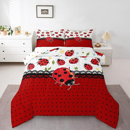 Kawaii Ladybug Comforter Set Toddler Size Cartoon Jungle Animal Bedding Set Kids Boys Girls Cute Geometric Polka Dots All Season Quilt Set Flower Leaves Botanical Bedding Comforter Sets,2Pcs