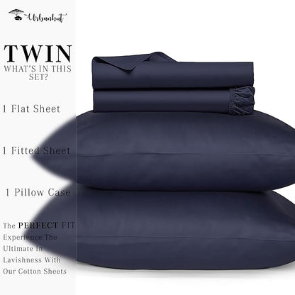 URBANHUT 1000 Thread Count 100% Solid Cotton Twin Sheet Set, Luxury Bedding Set for Twin Size Bed, All Season Sateen Weave Hotel Bedsheets, 16" Elasticized Deep Pocket, Comfy - Navy Blue (3 Pc)