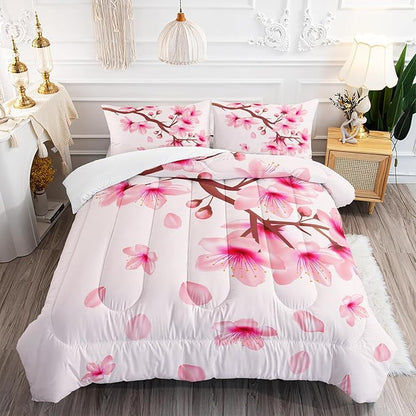 Cherry Blossoms Comforter Set Twin Size 3Pcs Romantic Theme Pink Bedding Set Girl Floral Down Quilt with 1 Comforter and 2 Pillowcases