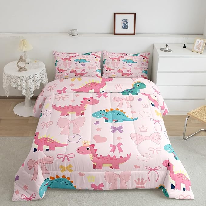 Cute Dino Bedding Sets Full Size,Kawaii Bowknot Heart Princess Style Reversible Down Comforter Breathable Polyester Quilt Set,Pink Dinosaur Bow Tie Cartoon Animal Duvet Insert,2 Pillowcases