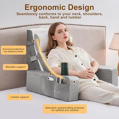 Reading Pillow for Sitting in Bed Adult, Back Pillow for Bed Sitting up with Arms, Pockets and Cup holder, Sit Up Backrest Pillows for Beds Chair Support, Beds Rest Pillow for Gaming, Watching TV