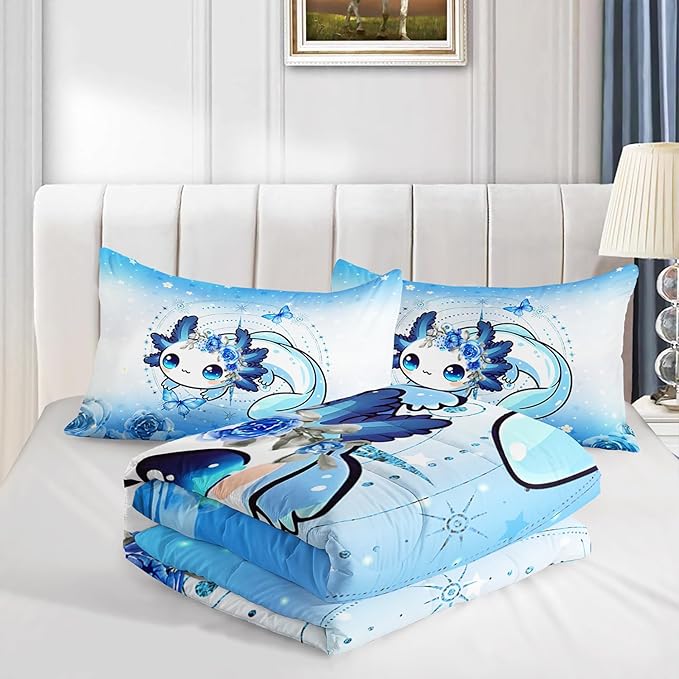 Cartoon Axolotl Comforter Twin Size,Cute Ocean Animal Bedding Set for Teens Girls Room Decor,Blue Comforter Set with 2 Pillowcases.