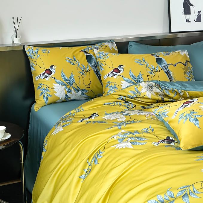Floral Queen Duvet Cover 100% Soft Cotton 3 Piece Chic Birds Queen Flower Bedding Set Yellow Garden Tree Branches Flowers Birds Print Pattern Reversible Duvet Cover Floral with Zipper Closure