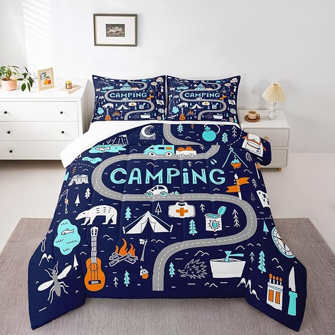 Feelyou Kids Camper Bedding Set Twin Cute Happy Camping Comforter for Boys Girls Farmhouse Rustic Wild Adventure Bedroom Decor Comforter Set Blue Nature Wildlife Quilted Set with 1 Pillow Case