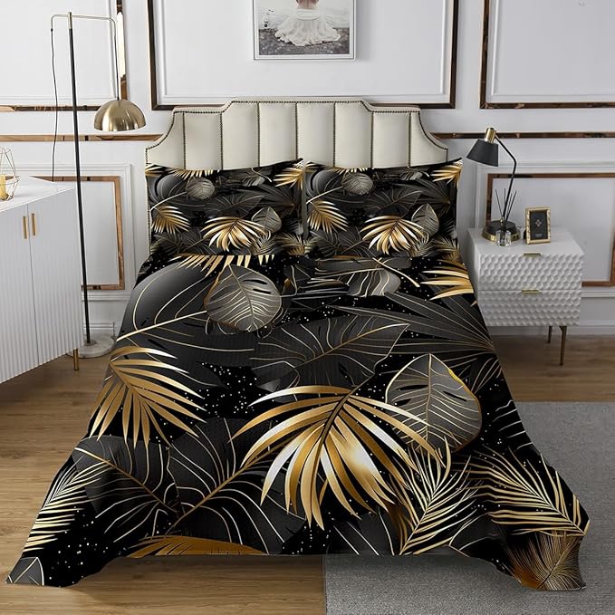 Erosebridal Palm Leaves Coverlet Set Queen Size,Tropical Bedspread for Teens Child Young,Botanical Jungle Bedding Set,Plant Tree Leaf Weed Decor Quilt Set Pastoral Style Bedroom Decor Gold Gray Black