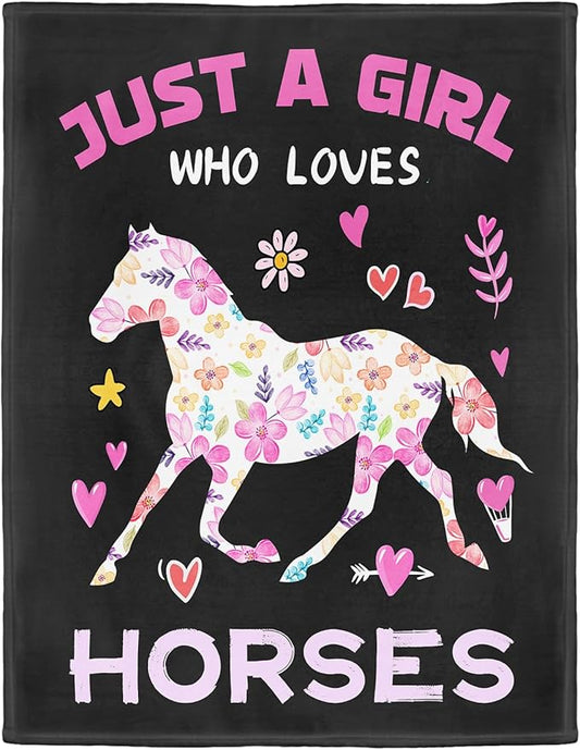 Horse Lover Blanket, Just A Girl Who Loves Horses Blanket, Soft Warm Cozy Fleece Throw, Gifts for Girls Women Kids, 60"x80", Black