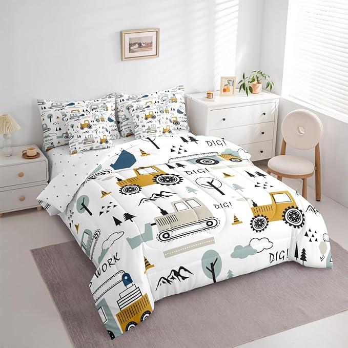 Feelyou Cartoon Car Kids Comforter Set with Sheets 7 Piece Queen Size Construction Bedding Set Boys Decor Equipment Trucks Bed in a Bag Excavator Tractor White Yellow Bed Set Bedroom