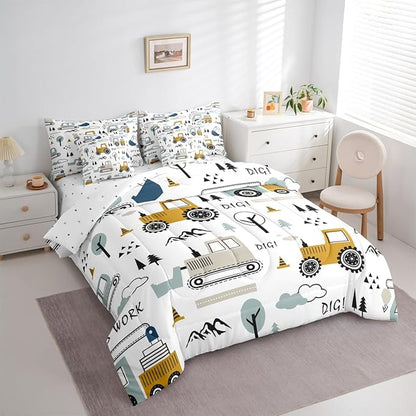 Feelyou Cartoon Car Kids Comforter Set with Sheets 7 Piece Queen Size Construction Bedding Set Boys Decor Equipment Trucks Bed in a Bag Excavator Tractor White Yellow Bed Set Bedroom