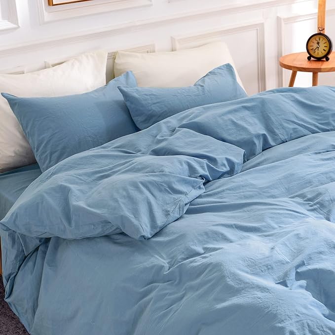 NEXHOME PRO Duvet Cover Set Kids Twin Size Linen Look Textured Organic Natural 100% Washed Cotton Duvet Cover Blue 2 Pieces Bedding Set with Zipper Closure, Corner Ties, Breathable (No Comforter)