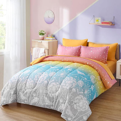 Menghomeus Girls Bed in A Bag Twin Size 5 Pieces Comforter Set for Teen Ombre Rainbow Bedding Set Dandelion Butterfly Print Kids Bedding Collections