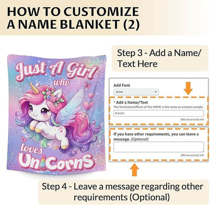 Personalized Kids Blanket with Name, Unicorn Gift, 80 x 60 Inches Soft Cozy Blanket, Gift for Girls Women, Unicorn Lovers, Cute Warm Throw Blanket for Bed, Living Room, Home Decor
