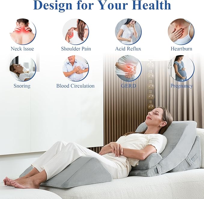 4PCS Orthopedic Bed Wedge Pillow Set, Post Surgery 45D Memory Foam for Back, Neck, and Leg Pain Relief Pleasing & Adjustable Support Pillows-Ease Acid Reflux & GRED with Better Sleep, Light Grey