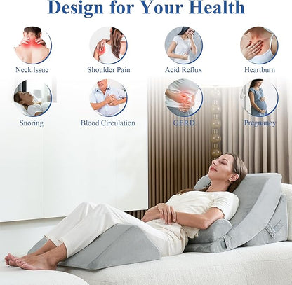 4PCS Orthopedic Bed Wedge Pillow Set, Post Surgery 45D Memory Foam for Back, Neck, and Leg Pain Relief Pleasing & Adjustable Support Pillows-Ease Acid Reflux & GRED with Better Sleep, Light Grey