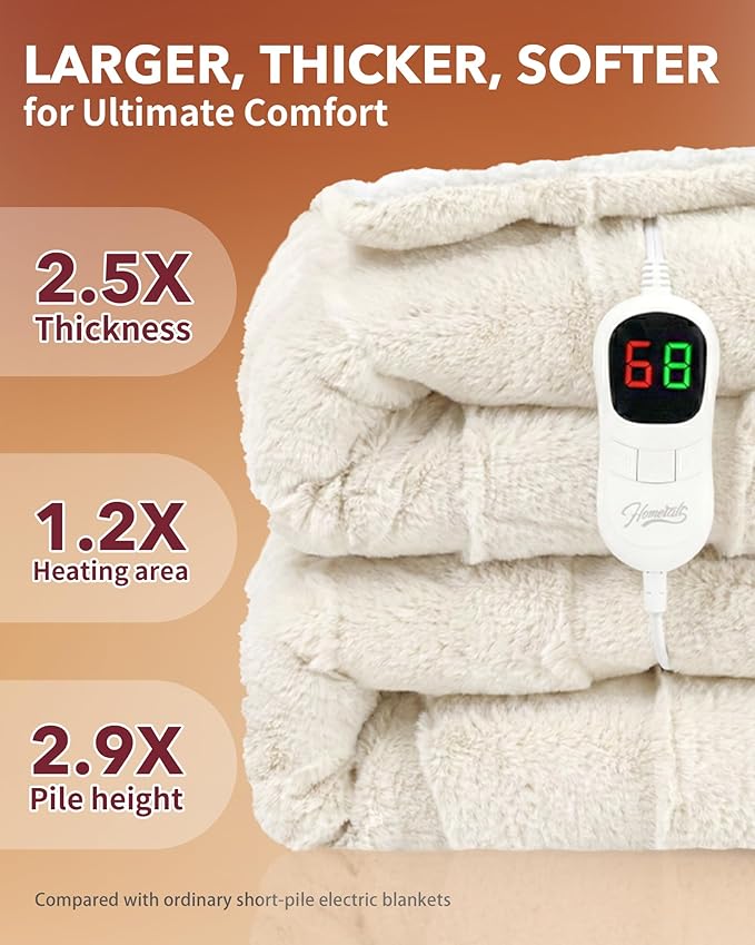 Homemate Heated Blanket Electric Throw - 50"x60" Heating Blanket Throw 1/2/4/6/8 Hours Auto-Off 10 Heat Levels Over-Heat Protection Luxury 800 GSM Faux Fur 200 GSM Sherpa ETL Certification
