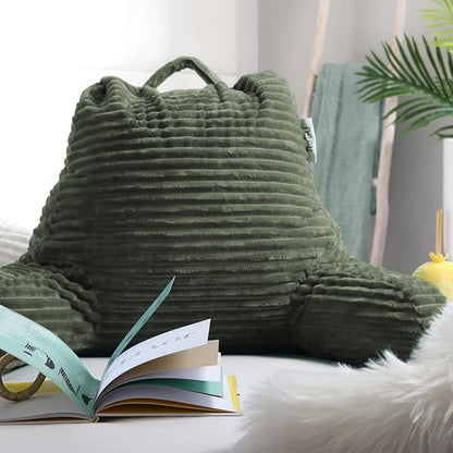 Nestl Reading Pillow with Shredded Memory Foam, Luxe Cut Plush Back Pillow for Sitting Up in Bed, Back and Arms Adjustable Support for Adult & Teens, Backrest Pillows with Washable Cover Olive Green