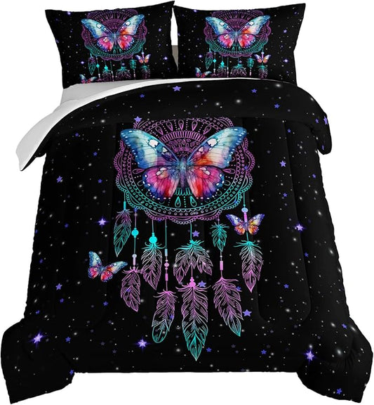 HOSIMA Dream Catcher Tween Bedding Sets for Girls,Butterfly Feather Dream Stories Comforter Set Kidcore Room Decor Aesthetic Galaxy Starry Black Princess Twin Bedding Set with 2 Pillowcases.