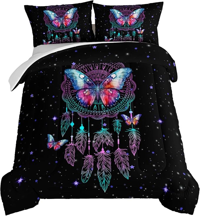 HOSIMA Dream Catcher Tween Bedding Sets for Girls,Butterfly Feather Dream Stories Comforter Set Kidcore Room Decor Aesthetic Galaxy Starry Black Boho Comforter Set King Size with 2 Pillowcases.