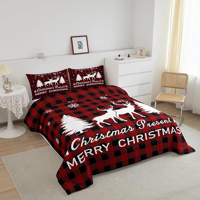 Christmas Comforter Set,Reindeer Moose Deer Bedding Set for Kids Boys Girls,Black Red Merry Christmas Grid Checkered Duvet Insert Queen,Happy New Year Xmas Down Comforter with 2 Pillow Shams