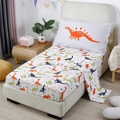 URBONUR 4-Piece Toddler Bedding Set - Ultra Soft Cartoon Jurassic Dinosaur Print Boys Toddler Comforter Set - Include Comforter, Flat Sheet, Fitted Sheet and Reversible Pillowcase, Gray Dinosaur