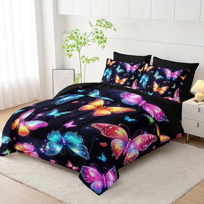 Colorful Gradient Butterfly Comforter 7Pcs Tie-Dye Heart Print Bedding Set for Kid Teen Girl Boy Adult Sparkling Aesthetics Quilt Bed Set Queen with 2 Sheets,2 Pillowcases,2 Throw Pillow Covers
