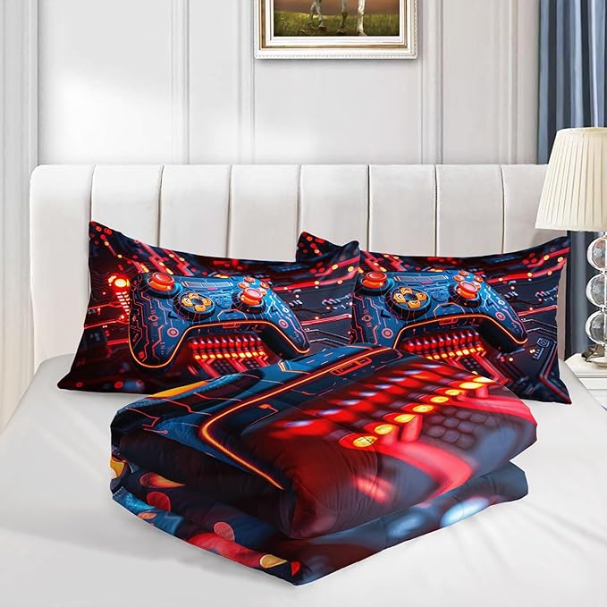 3D Gamepad Comforter Set Cartoon Machinery Printed Bedding Set with 1 Comforter and 2 Pillowcases for Boys and Girls Bedroom All Season(Gamepad-3 Queen)
