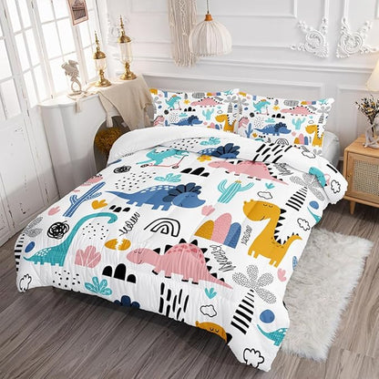 Cartoon Dinosaur Rainbow Comforter Set Queen 3Pc Kawaii Dinosaur Bedding Set All Season with Cactus, Coconut Tree Decoration Includes 1 Comforter, 2 Pillowcases for Kids Girls Teens