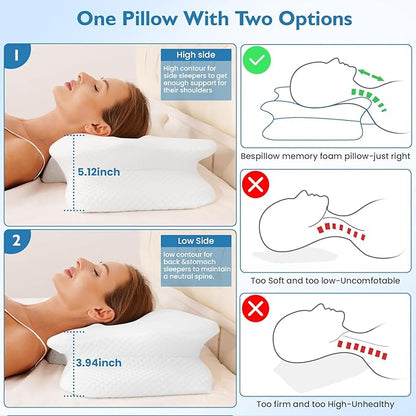 2Pcs Cervical Pillow for Neck Pain Relief, Neck Pillow for Sleeping Side Sleeper Ergonomic Memory Foam Support Pillows Back Sleepers for Sleeping,Machine Washable Pillowcase White
