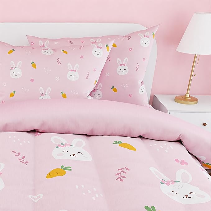 SANDJEST Rabbit Comforter Set Full Size 98x86in for Kids Girls, Microfiber 4 Pcs Bedding Set Includes 1 Comforter, 2 Pillowcases, 1 Fitted Sheet, Nursery Room Decor