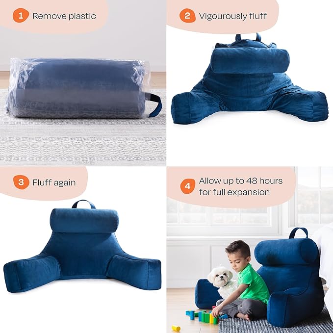 LINENSPA Reading Pillow with Shredded Memory Foam- Back Pillow for Sitting in Bed, Reading, Gaming, Watching TV – Bed Chair Pillow with Arms, Dorm Room Essentials, Navy
