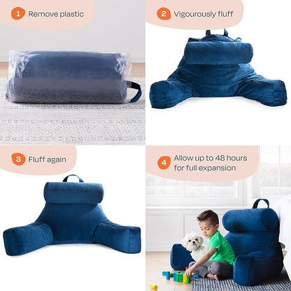 LINENSPA Reading Pillow with Shredded Memory Foam- Back Pillow for Sitting in Bed, Reading, Gaming, Watching TV – Bed Chair Pillow with Arms, Dorm Room Essentials, Navy