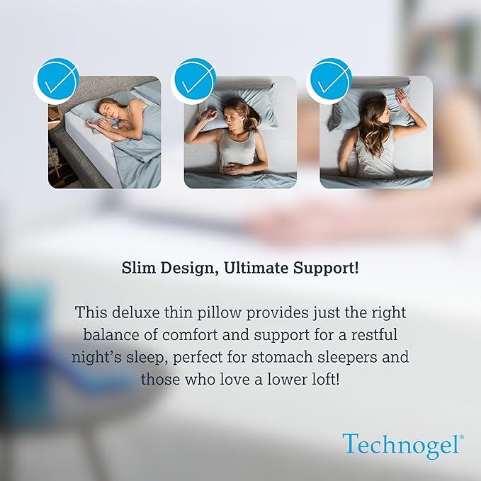 Technogel Deluxe Cooling Gel Pillow - Patented Cooling Technology, Odorless Memory Foam – Breatable Ergonomic Support for Stomach Sleepers with Washable Cover, 3.5" (Thin)