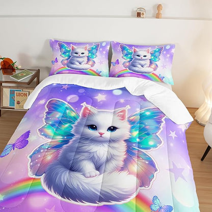 Kids Cartoon Cat Comforter Set King Size,Rainbow Butterfly Bedding Sets for Teens Boys Girls Aesthetic Room Decor,Cute Bedding Set with 2 Pillowcases.