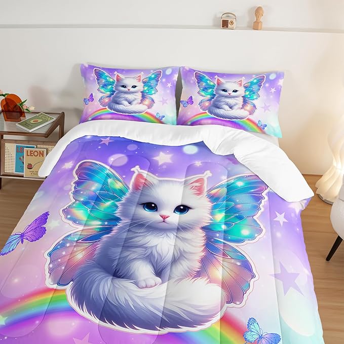 Kids Cartoon Cat Comforter Set Queen Size,Rainbow Butterfly Bedding Sets for Teens Boys Girls Aesthetic Room Decor,Cute Bedding Set with 2 Pillowcases.