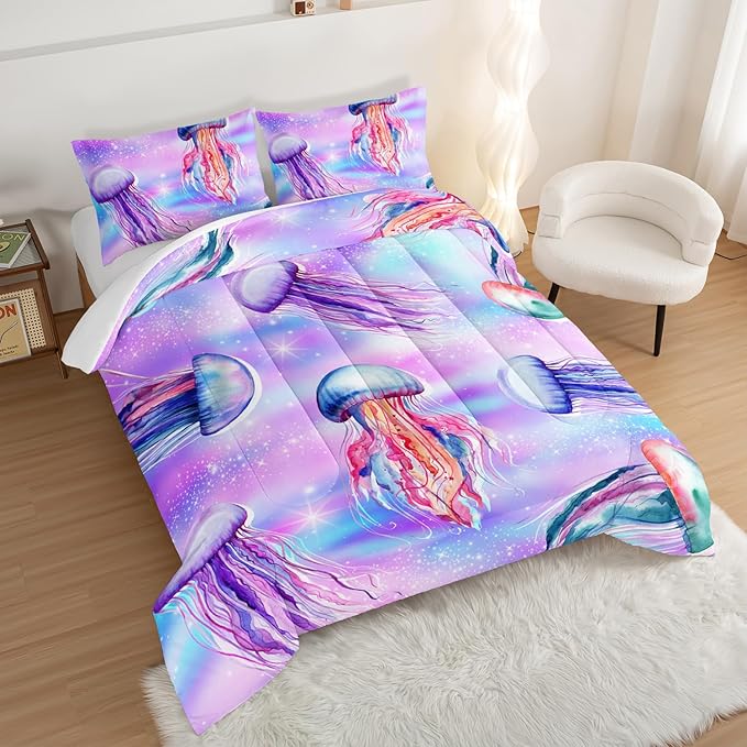 Kawaii Bedding Color Jellyfish Comforter Set King Size,Rainbow Flash Pattern Comforter for Teens Kids Girls Room Decor,Marine Animal Theme Beach Bedding Set with 2 Pillowcases.