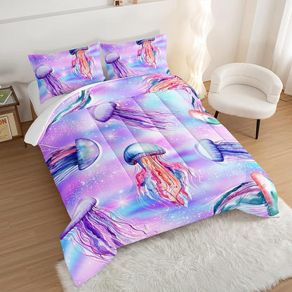 Kawaii Bedding Color Jellyfish Comforter Set Full Size,Rainbow Flash Pattern Comforter for Teens Kids Girls Room Decor,Marine Animal Theme Beach Bedding Set with 2 Pillowcases.